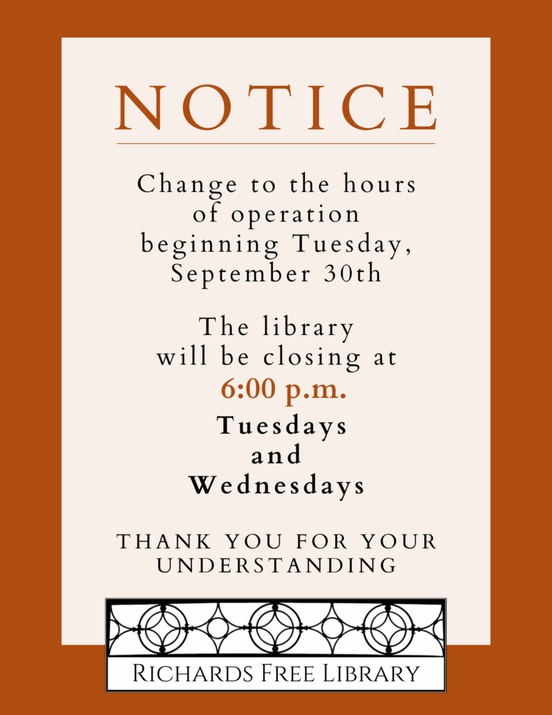 The library will be closing at 6pm Tuesdays and Wednesdays starting September 30th.