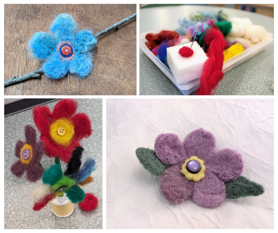 A photo collage showing different needle felted flowers, and some wool for creating them. 