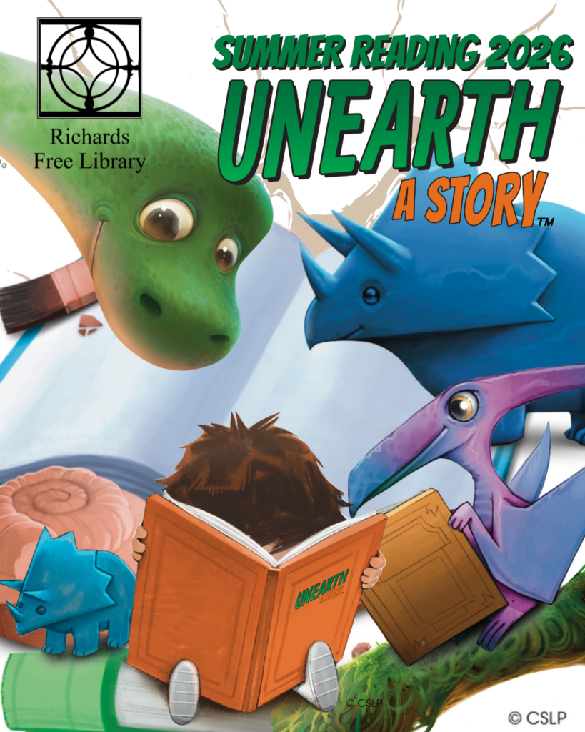 Summer Reading 2026 Unearth A Story. Image depicts cute dinosaurs interested in a child reading.